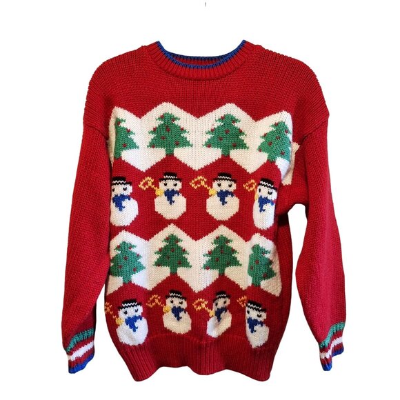 Vintage Bravo Red Christmas Sweater Medium Snowmen & Trees Graphic Knit 100% Acr - Picture 1 of 7
